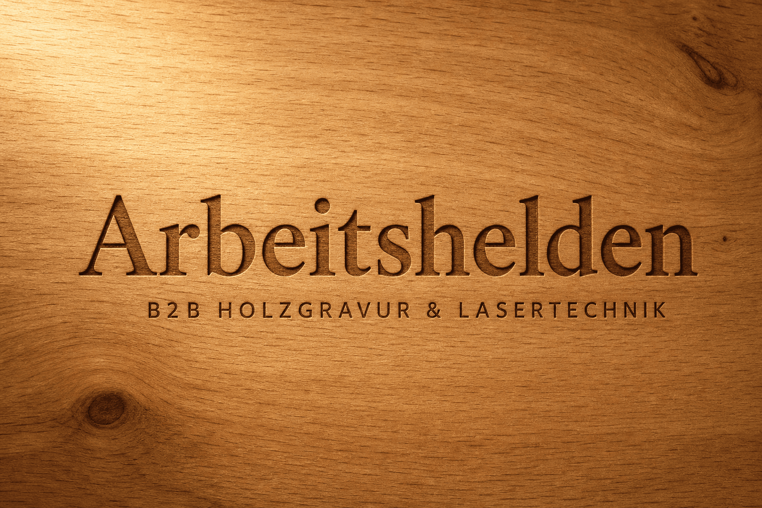 Graviertes Buchenholzschild mit dem Schriftzug Arbeitshelden — B2B Holzgravur und Lasertechnik
