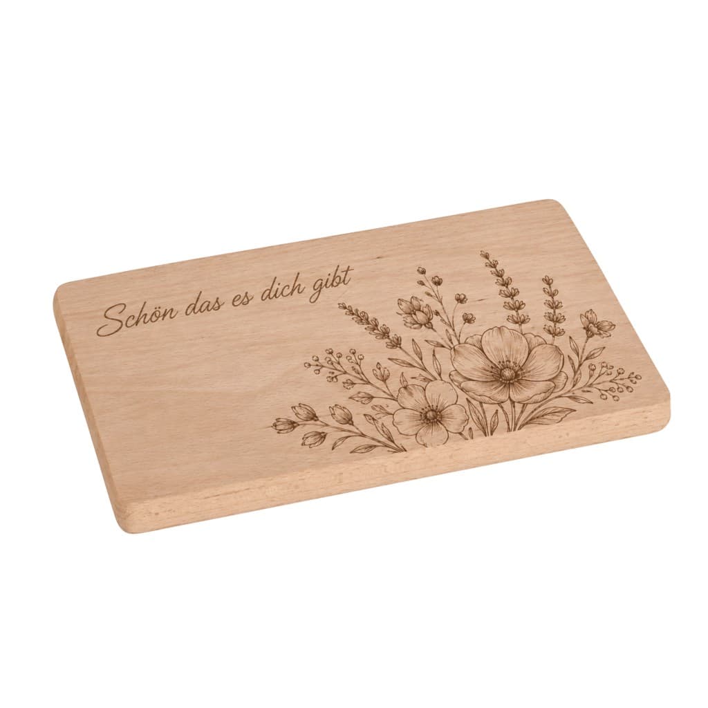Gravierte Holzplatte mit Blumenmotiv und Schriftzug