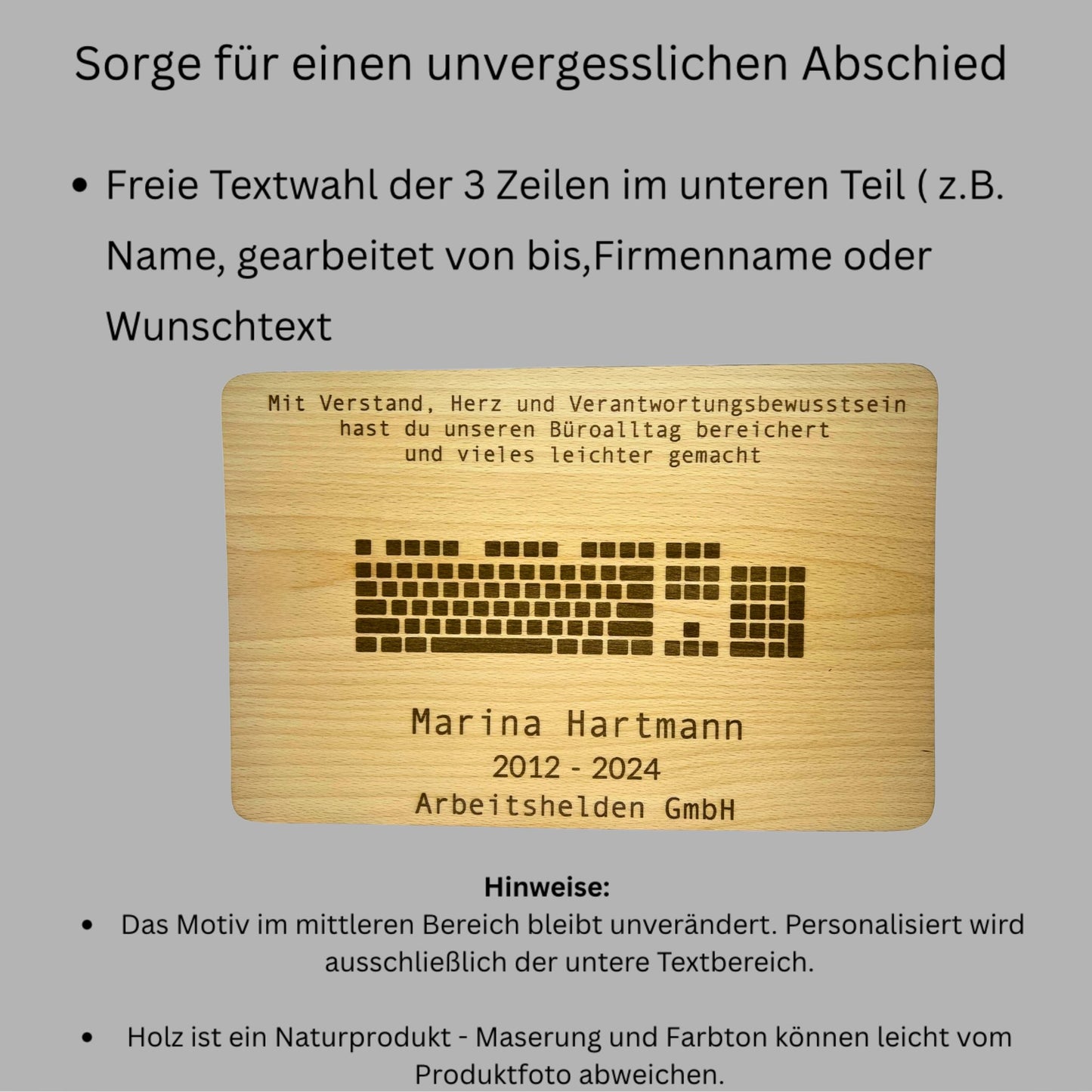 Abschiedsgeschenk fürs Büro – Holztafel (personalisierbar)