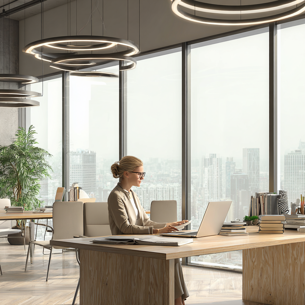 Moderner Büroarbeitsplatz mit großer Fensterfront, Schreibtisch, Laptop und Büchern, im Hintergrund Stadtpanorama – verwendet als Arbeitshelden Büro Heldenstory Bild.