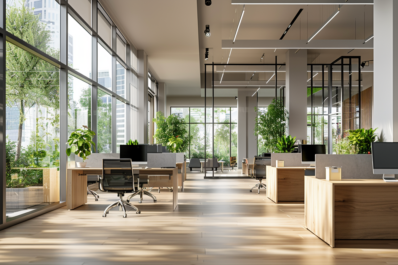 Modernes, helles Open-Office mit großen Fenstern, Holzschreibtischen und vielen Pflanzen, genutzt als Arbeitshelden Büro Main Banner