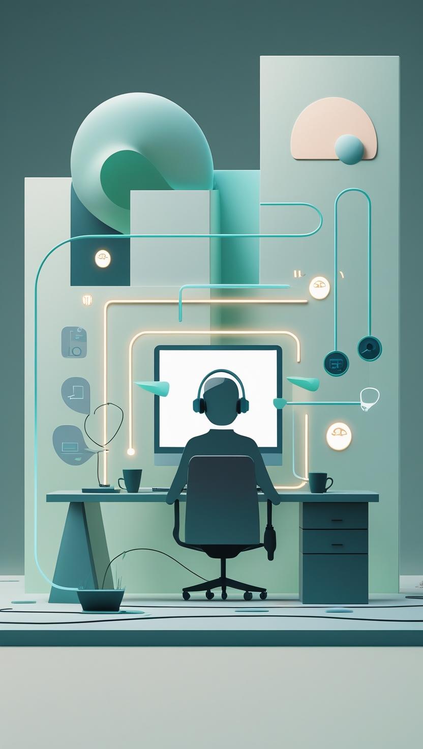 Illustration eines Büroarbeitsplatzes mit Kopfhörer, Schreibtisch und digitalem Interface im modernen Stil