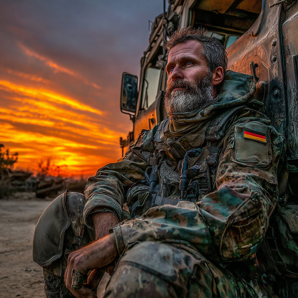 Soldat in Flecktarnuniform sitzt erschöpft an einem Einsatzfahrzeug bei Sonnenuntergang, genutzt als Arbeitshelden Bundeswehr Heldenstory Banner