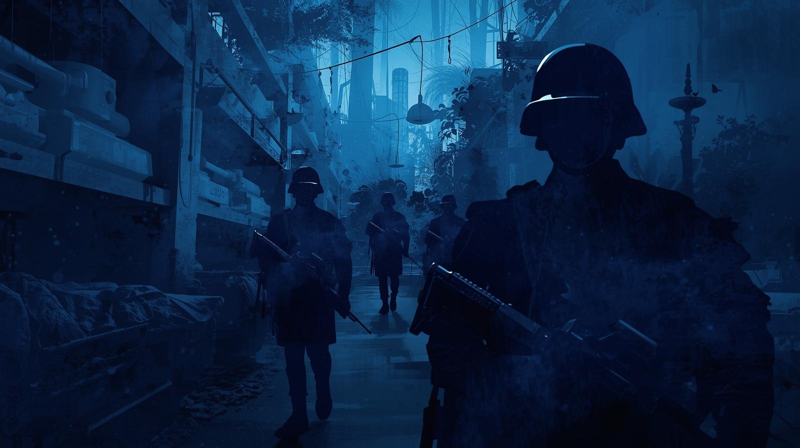 Abstrakte blaue Szene mit Soldaten-Silhouetten in urbanem Umfeld, künstlerisch dargestellt für den Arbeitshelden Bundeswehr Hero Banner