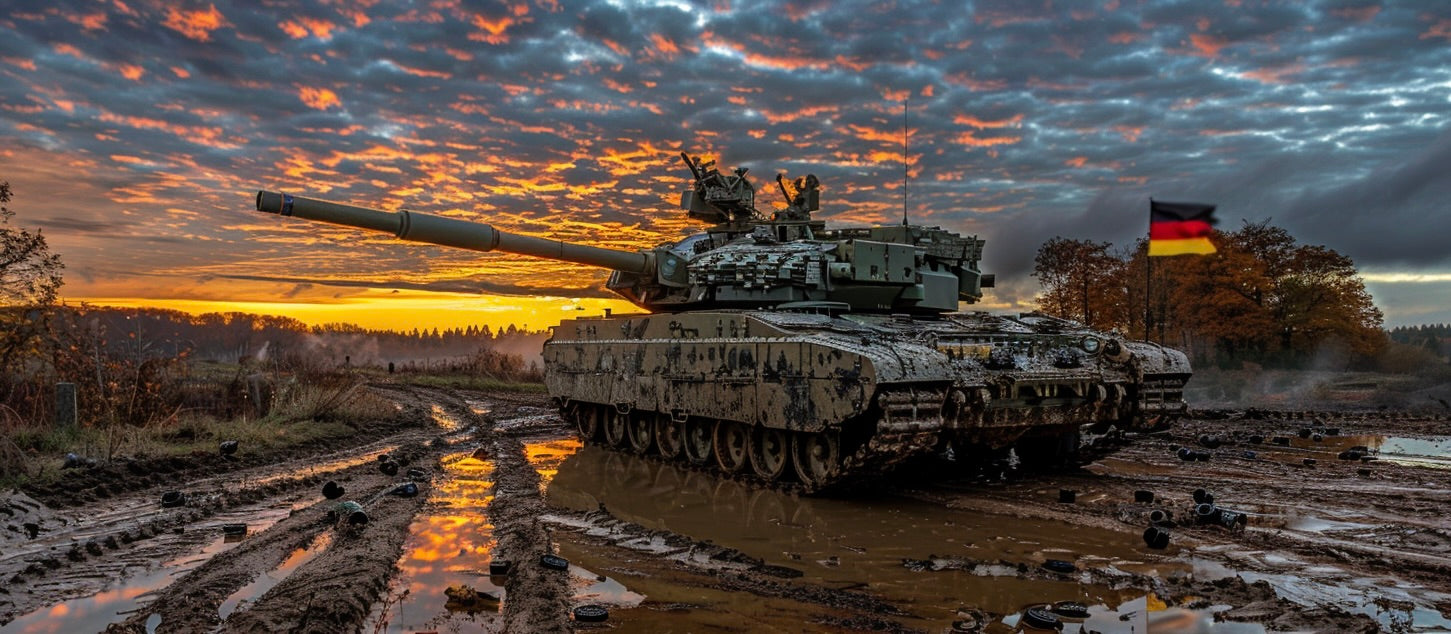 Bundeswehr-Panzer fährt über ein schlammiges Gelände bei Sonnenuntergang, im Hintergrund weht eine deutsche Flagge
