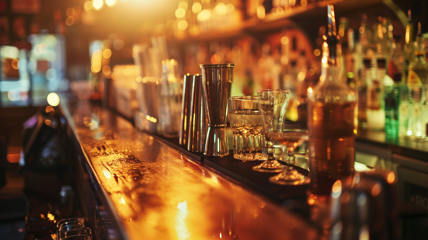 Stilvolle Bar-Theke mit Gläsern, Shakern und Getränkeflaschen in warmem Licht, verwendet für den Arbeitshelden Gastro Crew Bestellbereich