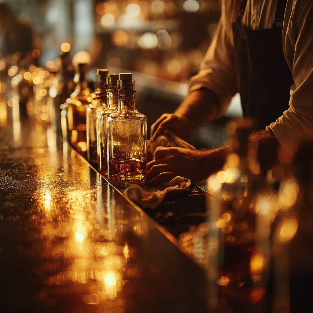 Barkeeper reinigt einen warm beleuchteten Bartresen mit Flaschen im Vordergrund – eingesetzt als Arbeitshelden Gastro Heldenstory Bild