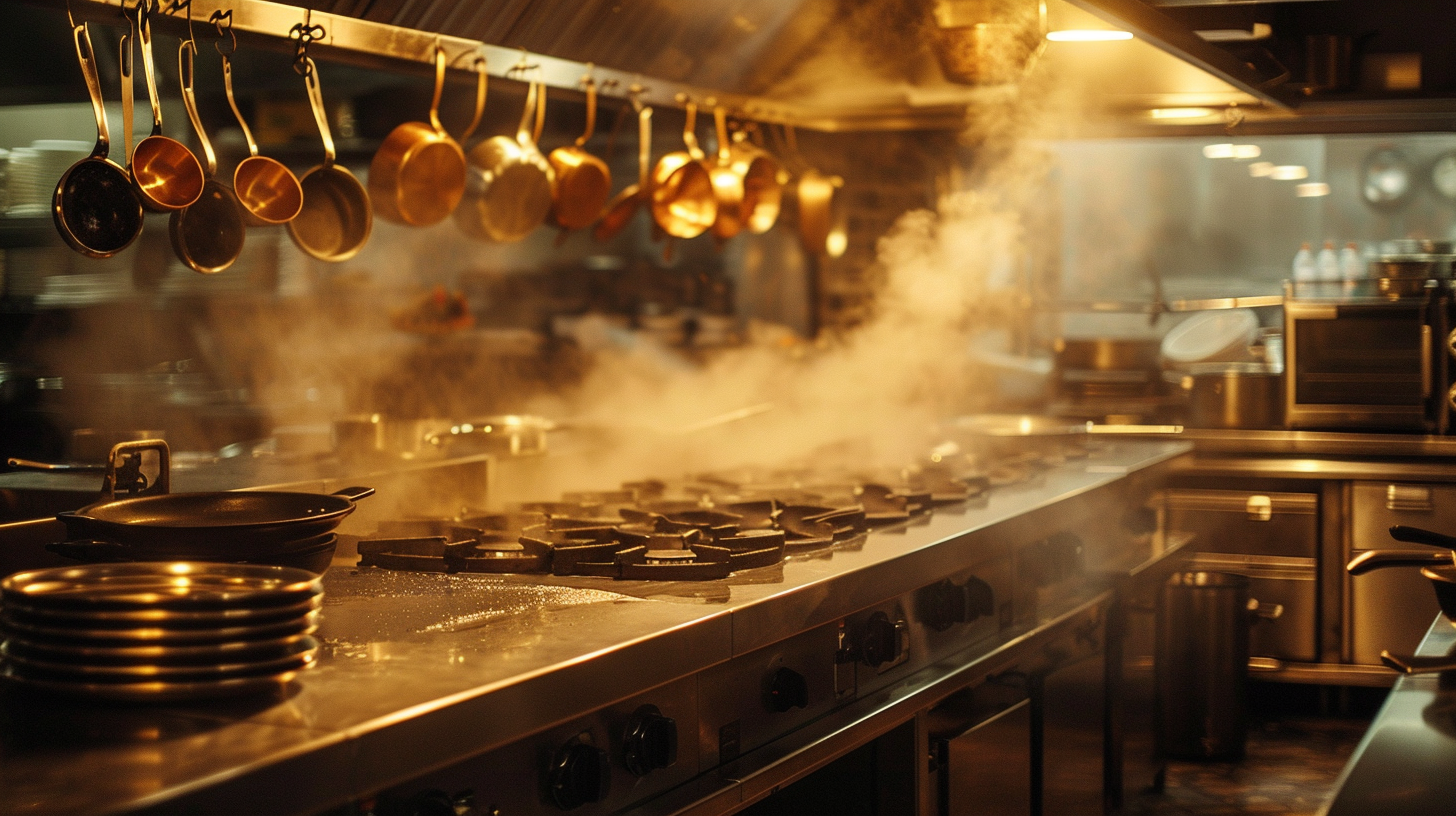Professionelle Restaurantküche mit aufgehängten Pfannen und dampfenden Kochstellen, genutzt als Arbeitshelden Gastro Main Banner
