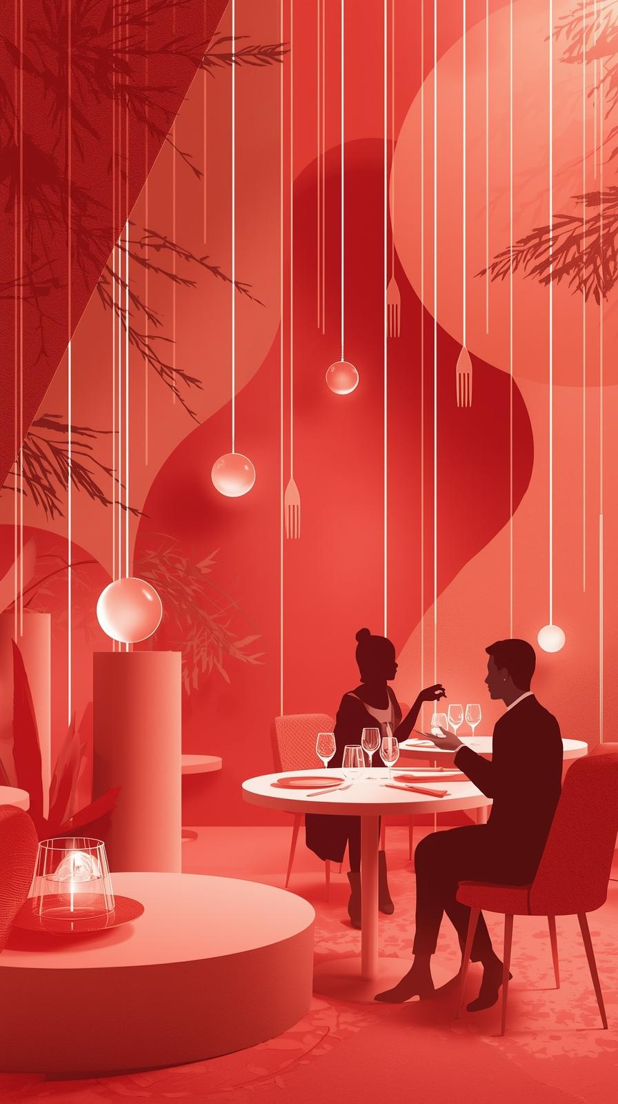 Rote stilisierte Restaurant-Illustration mit zwei Personen am gedeckten Tisch, verwendet als Arbeitshelden Gastro Social Media Motiv