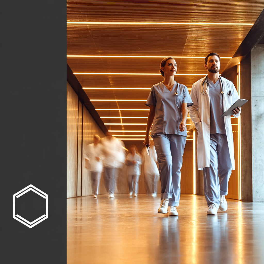 Ärztin und Arzt gehen gemeinsam durch einen modernen Krankenhausflur, im Hintergrund laufen Pflegekräfte vorbei – verwendet als Arbeitshelden Healthcare Heldenstory Bild