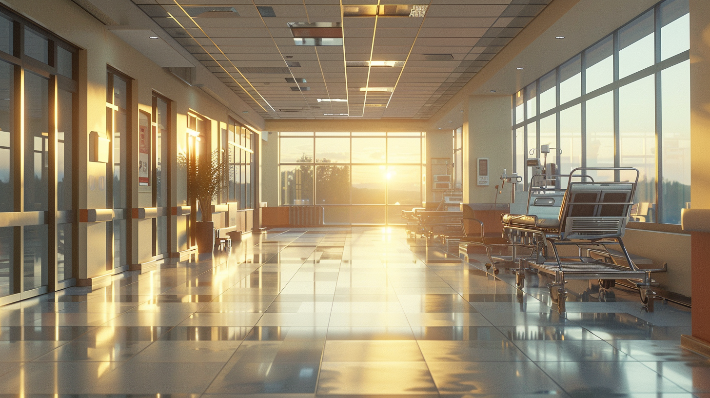 Heller Krankenhausflur im Morgenlicht mit Rollbetten und großen Fenstern, genutzt als Arbeitshelden Healthcare Main Banner