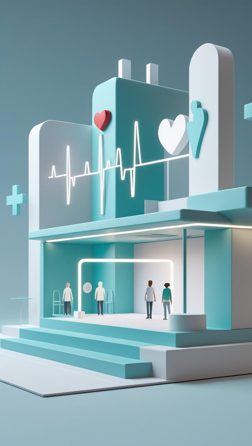 Moderne 3D-Illustration eines Krankenhauses mit Herzsymbolen und EKG-Linie, verwendet als Arbeitshelden Healthcare Social Media Motiv.