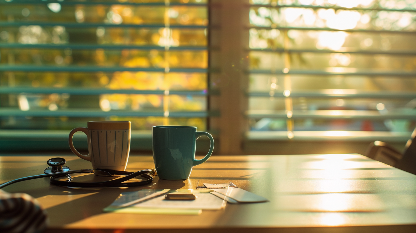 Pausenraum im Krankenhaus mit zwei Kaffeetassen, Stethoskop und Unterlagen auf dem Tisch, als Banner für Arbeitshelden Healthcare Team-Bestellungen