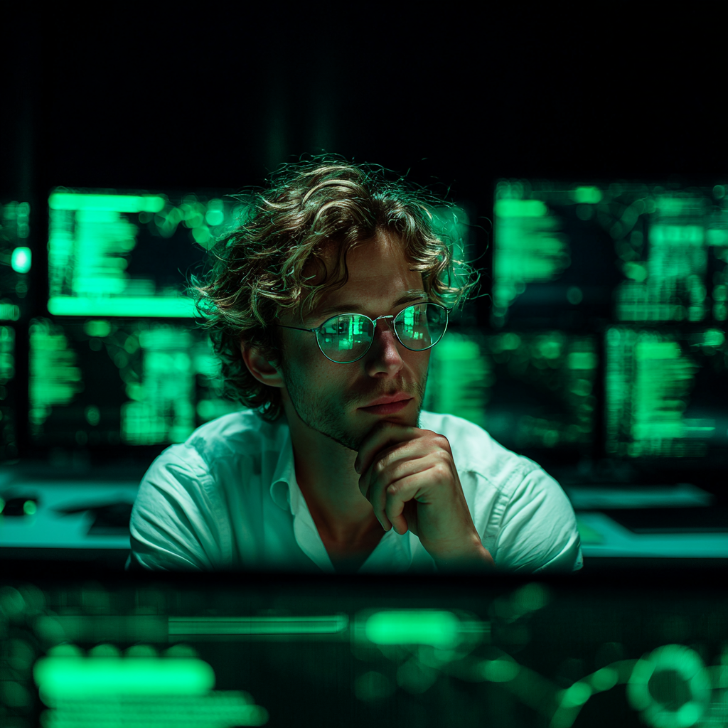 IT-Fachkraft vor mehreren grünen Cyber-Monitoren in einer nächtlichen Arbeitsumgebung, genutzt als Arbeitshelden IT Heldenstory Bild