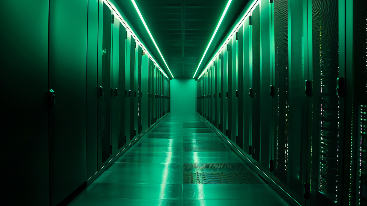 Cinematische Aufnahme eines grünen Servergangs im Rechenzentrum, genutzt als Arbeitshelden IT Main Banner.