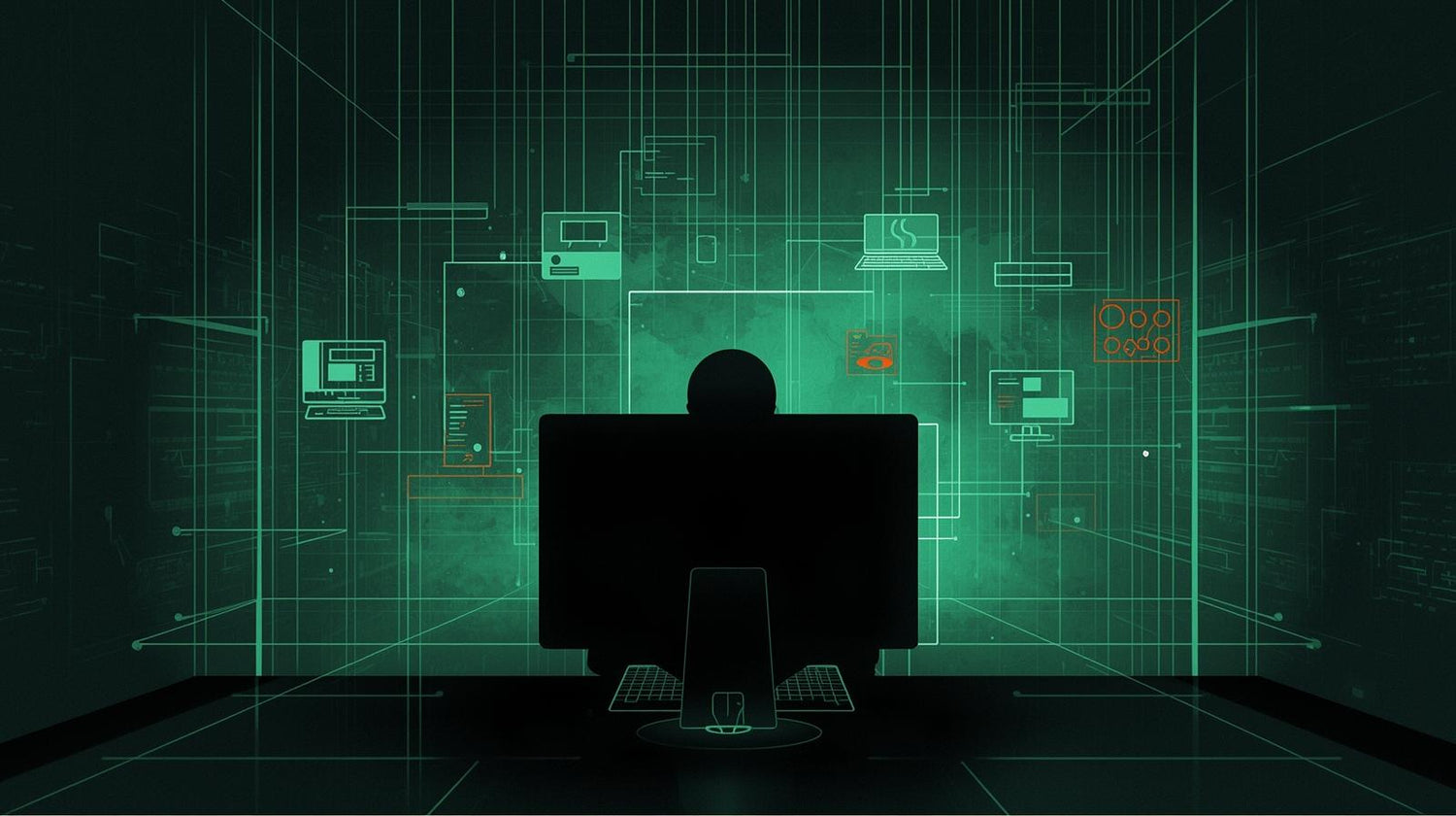 Futuristische grüne Digital-Illustration eines IT-Arbeitsplatzes mit Monitor und abstrakten Cyber-Elementen, genutzt als Arbeitshelden IT Social Media Banner