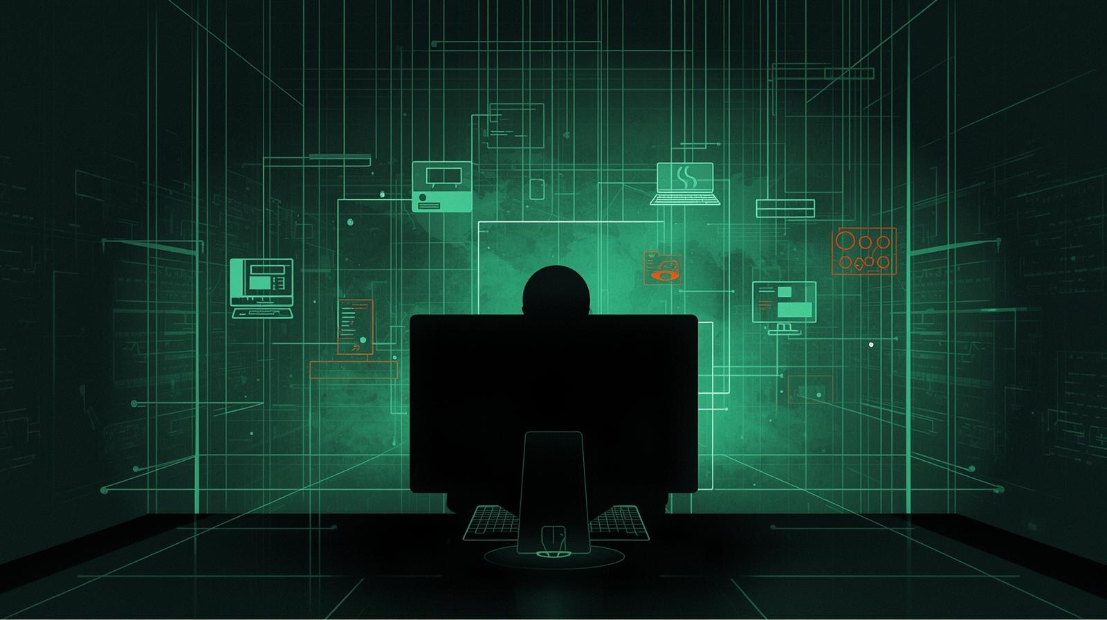 Futuristische grüne Digital-Illustration eines IT-Arbeitsplatzes mit Monitor und abstrakten Cyber-Elementen, genutzt als Arbeitshelden IT Social Media Banner