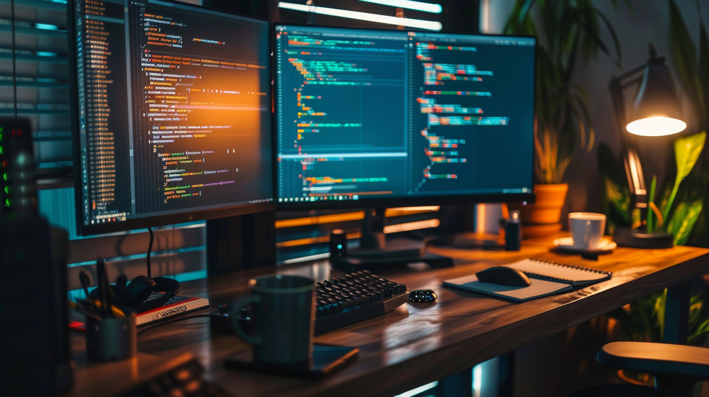 Moderner IT-Schreibtisch mit zwei Monitoren, Code-Editor, Tastatur, Notizbuch und Kaffeetasse als Banner für Arbeitshelden IT Team-Bestellungen.