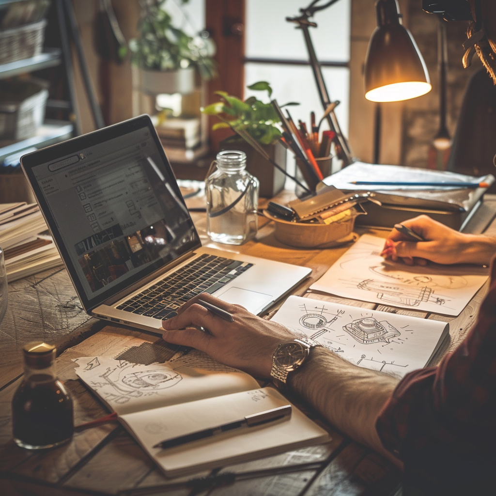 Kreativer Arbeitsplatz mit Laptop, Skizzenblättern, Schreibutensilien und warmem Licht, genutzt als Arbeitshelden Karriere Werkbank.