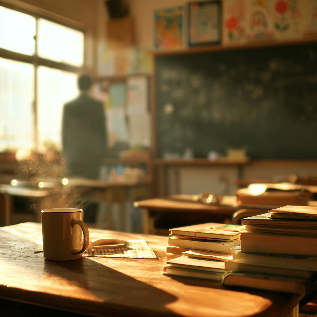 Klassenzimmer im warmen Morgenlicht mit Büchern und einer dampfenden Kaffeetasse im Vordergrund, im Hintergrund eine Lehrkraft – verwendet als Arbeitshelden Lehrer Heldenstory Bild.