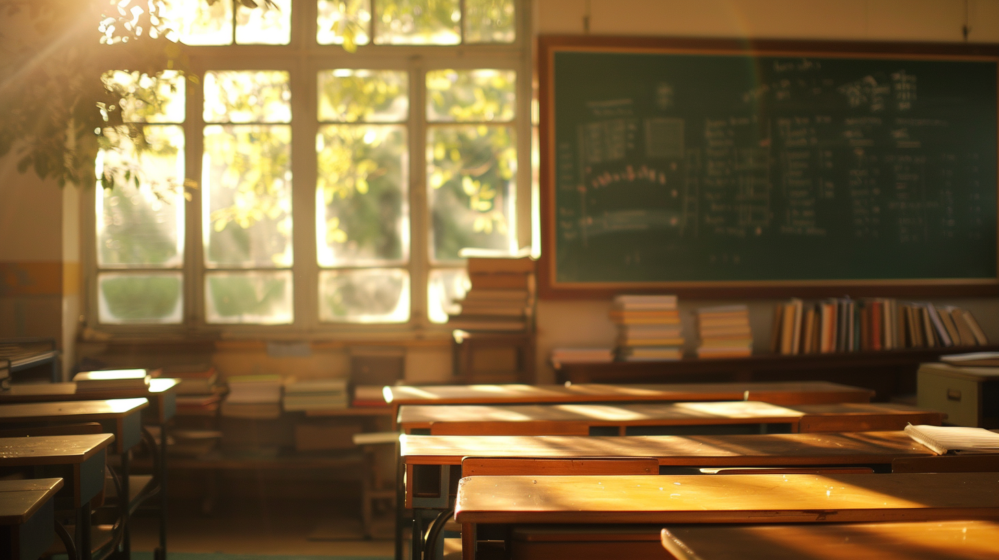 Warm ausgeleuchtetes Klassenzimmer mit Tafel, Büchern und Sonnenlicht durch große Fenster, genutzt als Arbeitshelden Lehrer Main Banner.