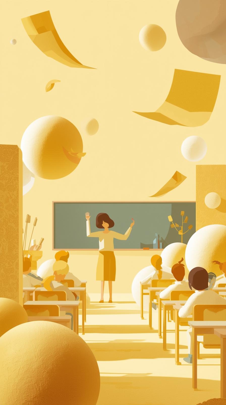 Gelbe stilisierte Illustration eines Klassenzimmers mit einer Lehrerin und mehreren Schülern, genutzt als Arbeitshelden Lehrer Social Media Banner