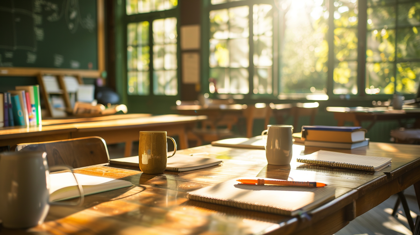 Helles Lehrerzimmer mit Kaffeetassen, Notizbüchern und Unterrichtsmaterialien auf Holztischen, als Banner für Arbeitshelden Lehrer Team-Bestellungen