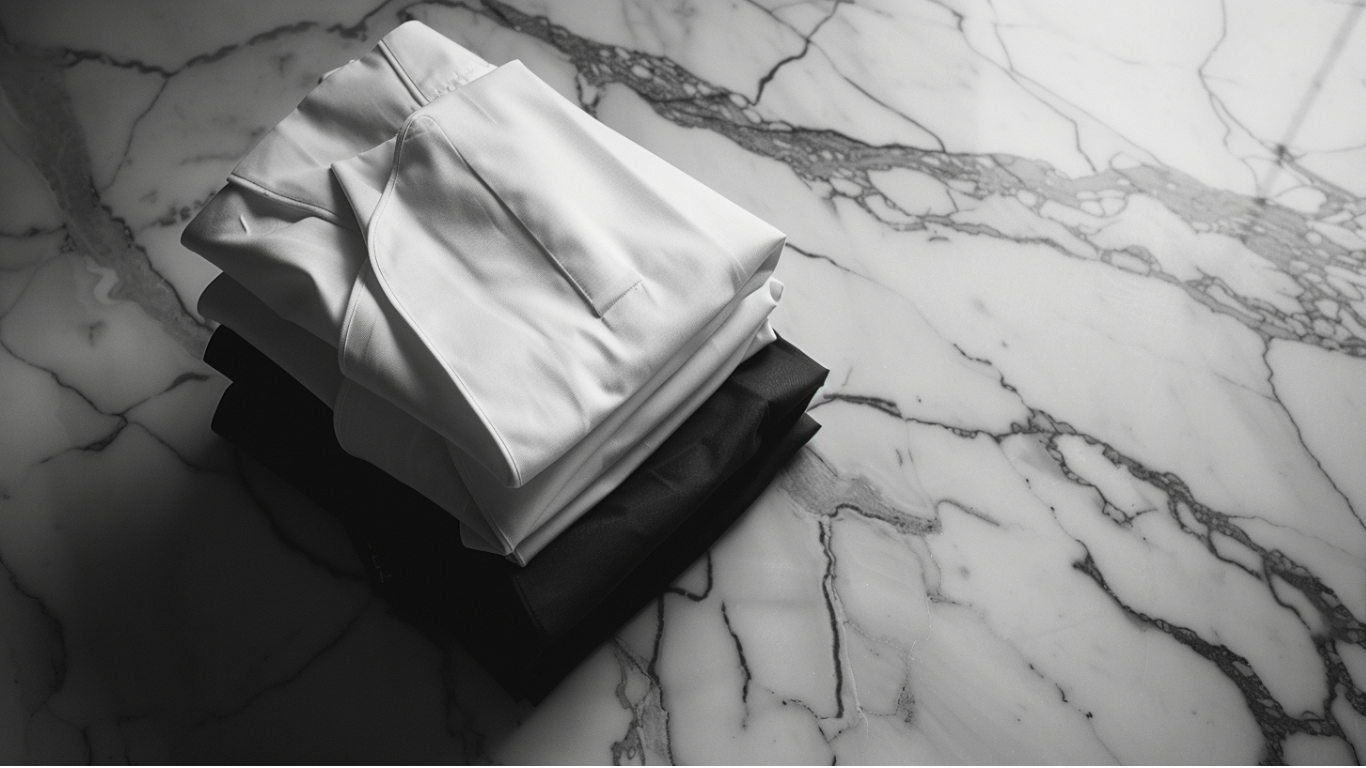 Gefaltete weiße und schwarze Arbeitskleidung auf einer hochwertigen Marmoroberfläche, verwendet als Arbeitshelden Mainpage Banner.