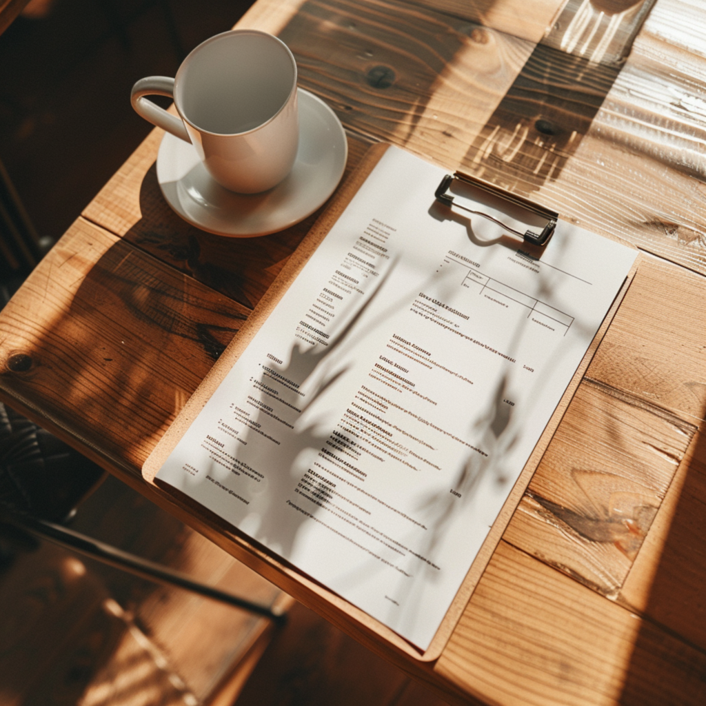 Clipboard mit Dokument und Kaffeetasse auf Holztisch im Sonnenlicht
