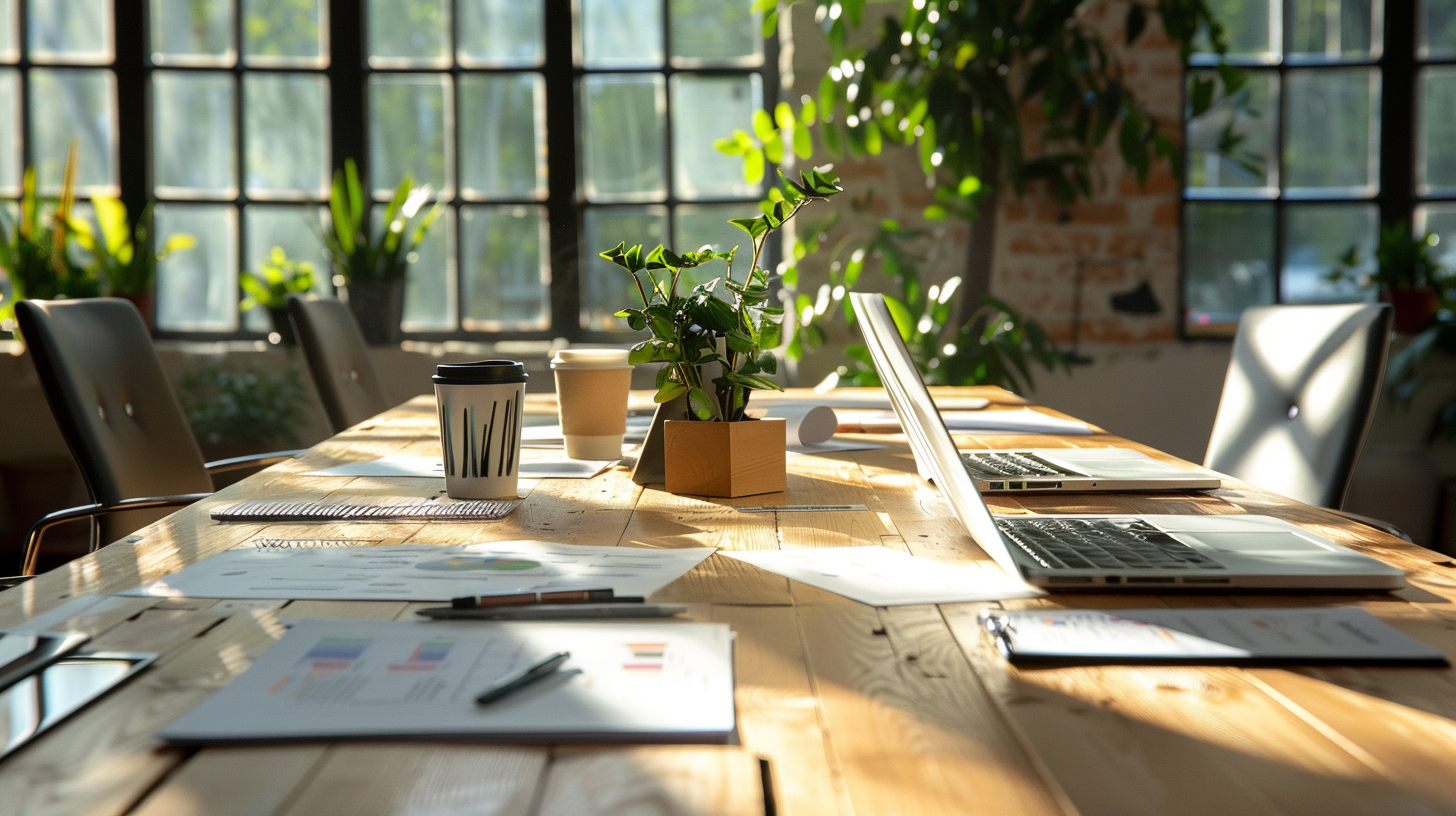 Moderner Meeting-Tisch mit Laptops, Dokumenten und Kaffeebechern in einem hellen Büro, als Visualisierung für Arbeitshelden Team-Bestellungen.
