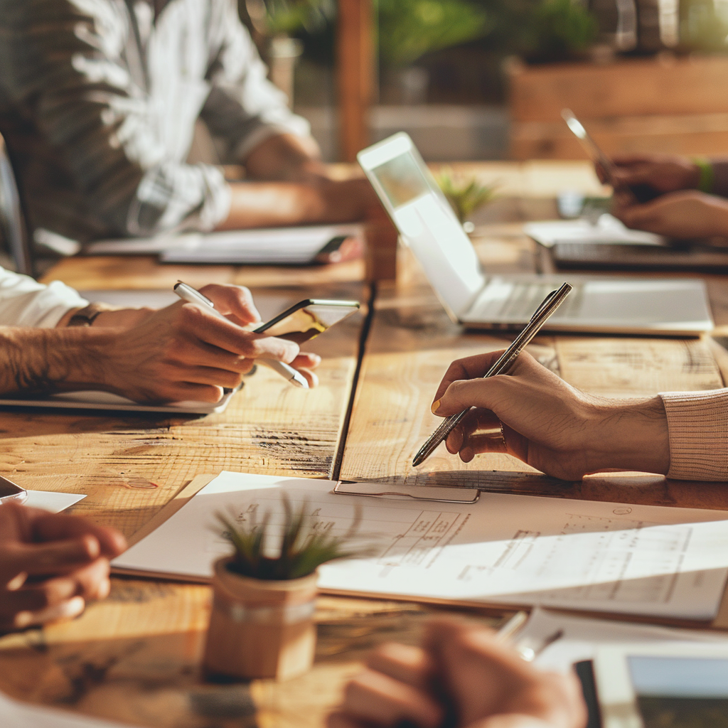 Team arbeitet gemeinsam an einem großen Holztisch mit Notizen und Laptop