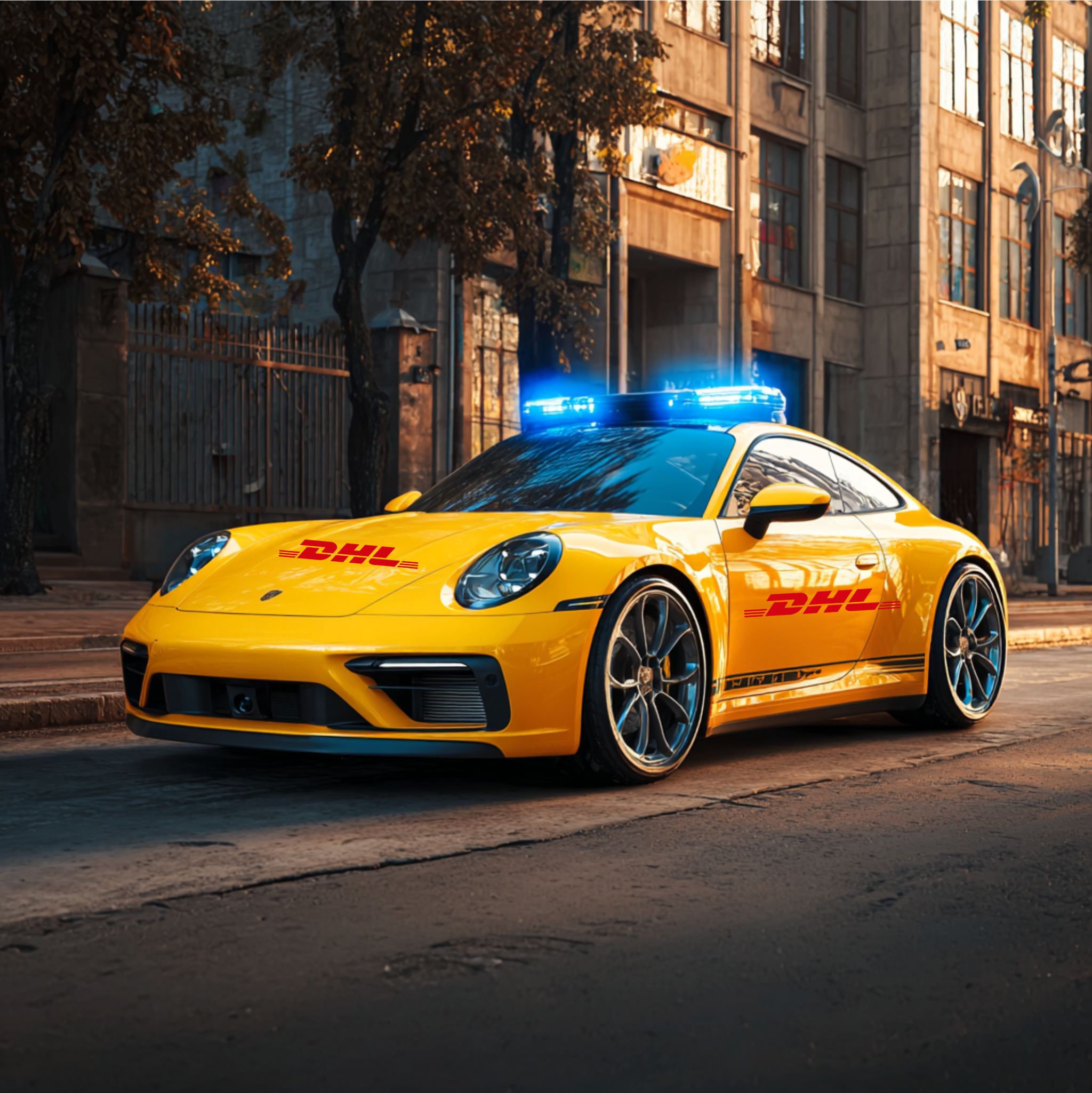 Gelber DHL-Sportwagen mit Blaulicht fährt durch eine Stadtstraße – visualisiert schnellen Versand für Arbeitshelden